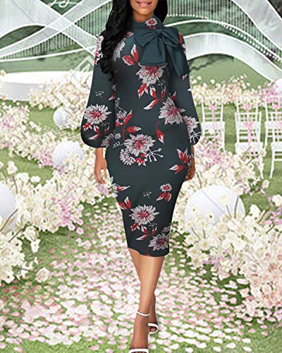 Image of Sexy Long Sleeve Dress for Women Solid Color Bow Knot Turtleneck Formal Gown Midi Casual Church Dresses
