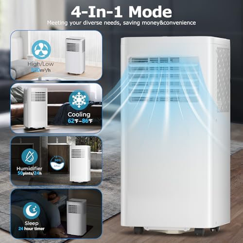 3-in-1 Portable Air Conditioners,10000BTU Portable AC Units Cools 450 Sq.Ft. with 24H Timer Remote Control,Easy Install Kit for Bedroom, Office, Dorm