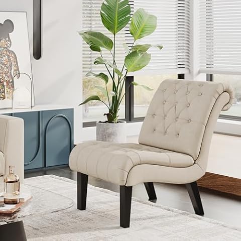 Alunaune Living Room Chair Modern Accent Chair, Upholstered Tufted Armless Bedroom Chair Sofa Backrest Fabric Recliner Lounge Chair Wood Legs-Ivory Cover