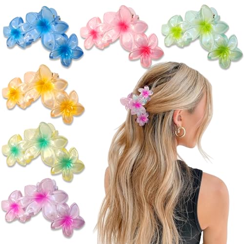 6Pcs Flower Hair Clips for Women, Non-Slip Hawaiian Hair Flower Clip, Large Plumeria Banana Cute Beach Hair Accessories (Pearlescent Gradient Color)