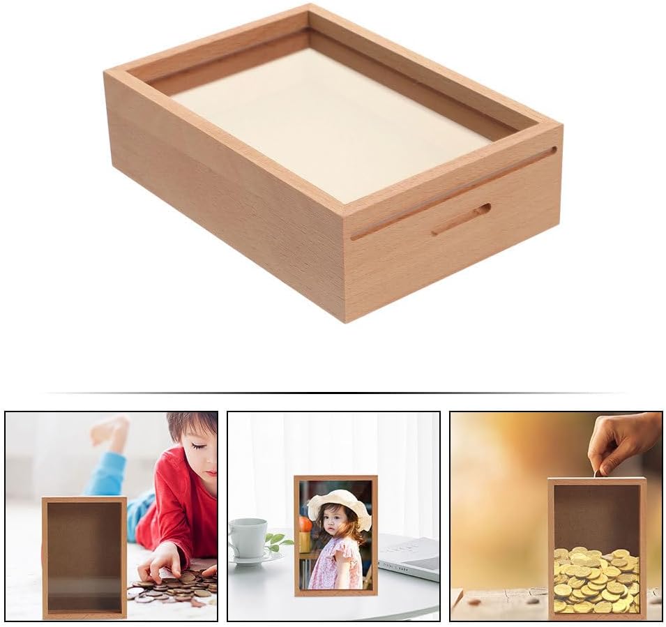 Piggy Bank Wooden Money Box with Clear Display Window Photo Frame Coin Jar for Home Office Bedroom Savings and Decorative Use 5.31X3.93X1.77In