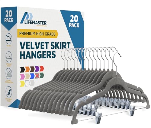 Lifemaster Velvet Skirt Hangers – with Adjustable Clips, 360 Degree Swivel Hook, and Non-Slip Shoulder Notch, Holds Up to 10 lbs, for Organizing Skirt, Pants, Dress, and Clothes, Pack of 20, Gray