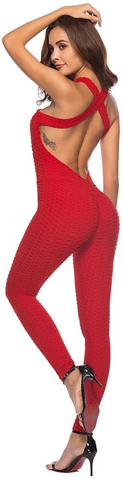 ZegeeyWomen's One Piece Sport Yoga Jumpsuit Running Fitness Workout Gym Tight Pants UK-24/CN-S Red
