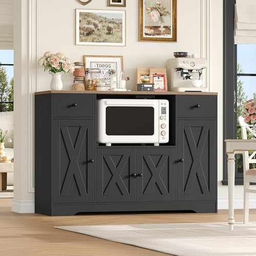 HOCSOK Buffet Cuisine, Meuble Micro-Ondes avec Multiprise et Etagères Réglables, Buffet Salle a Manger avec 2 Tiroirs 4 Portes, Meuble de Rangement pour...