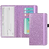 ACdream Checkbook Cover, Leather RFID Blocking Check Book Wallet, Protective Premium Business and Personal Duplicate Checks Holder, with Credit Card Slot for Women Men, Glitter Purple