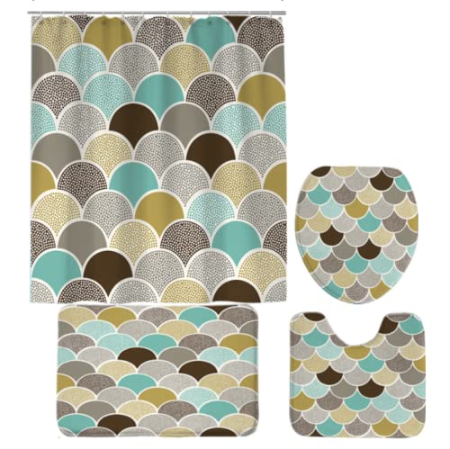 LARIAU 4-teiliges Duschvorhang-Badematten-Set, Mehltau-Badezimmer-Duschvorhang + rutschfeste Badematte…