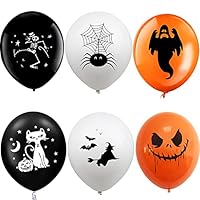 DOJoykey 30pcs Halloween Balloons, 6 Design Black White Orange Balloons Printed with Ghost Spider 12inch Latex Balloons for Halloween Party Decoration