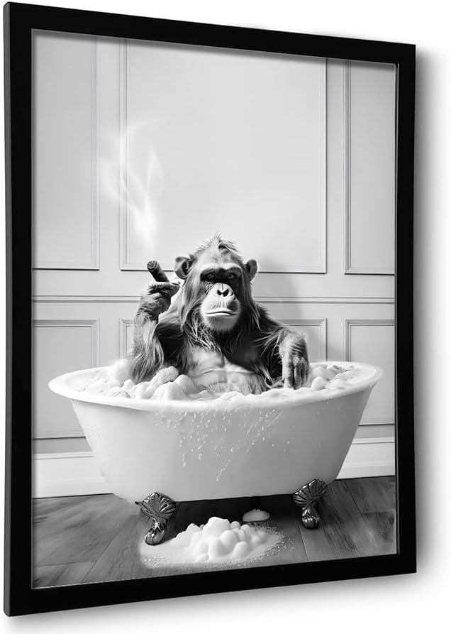 Framed Bathroom Decor Wall Art, Chimpanzee in Bathtub, Black and White Wall Art, Funny Bathroom Wall Decor Signs, Cute Animal Art Decoration (Framed,11''x14'')