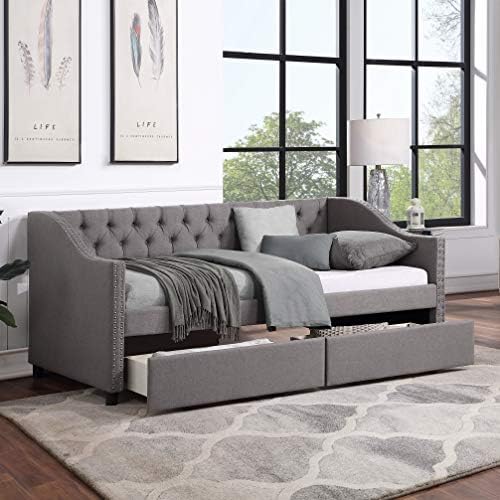Flieks Upholstered Daybed with Two Storage Drawers, Twin Tufted Sofa Bed Daybed with Nailhead Trim and Wood Slat Support (Grey)