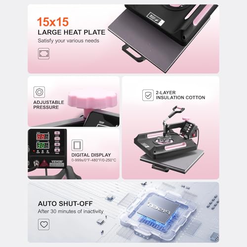 Image of VEVOR Pro 15x15 Heat Press with 30 OZ Tumbler Attachment, 8in1 Combo Tumbler Hat Heat Press for T-Shirts, Tumblers Glass Cans Mugs Hats Caps, and Plates (Black & Pink)