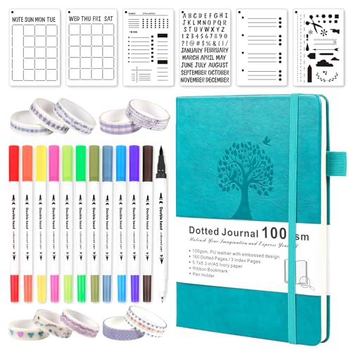 Sekncainy Bullet Dotted Journal Kit-Premium Hardcover, 160 Pages, 100gsm Ivory Paper, Dual Tip Brush Markers, Washi Tape, and Stencils for Women, Men, and Teen, Teal