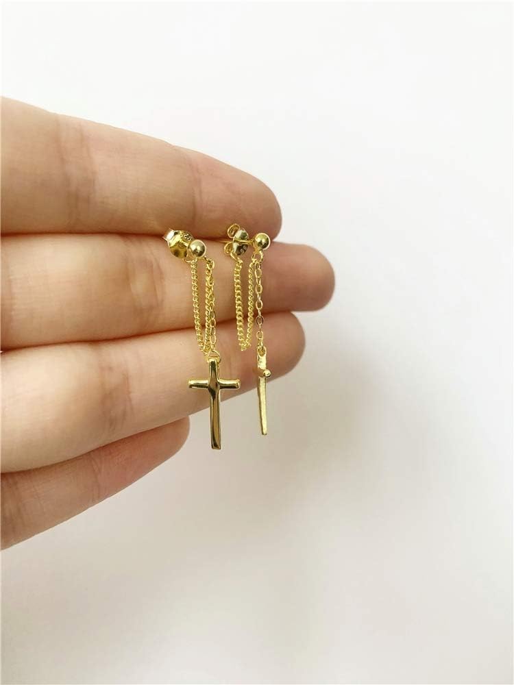 Gold-Tone Cross Dangle Drop Earrings 925 Sterling Silver Chain Dropping for Women Men Punk Ball Studs Hypoallergenic Jewelry - Image 5