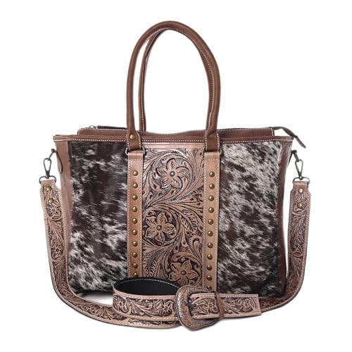Western Cowhide Hairon Leather Tote Bag for Women With Adjustable Tooled Shoulder Strap Leather Purse