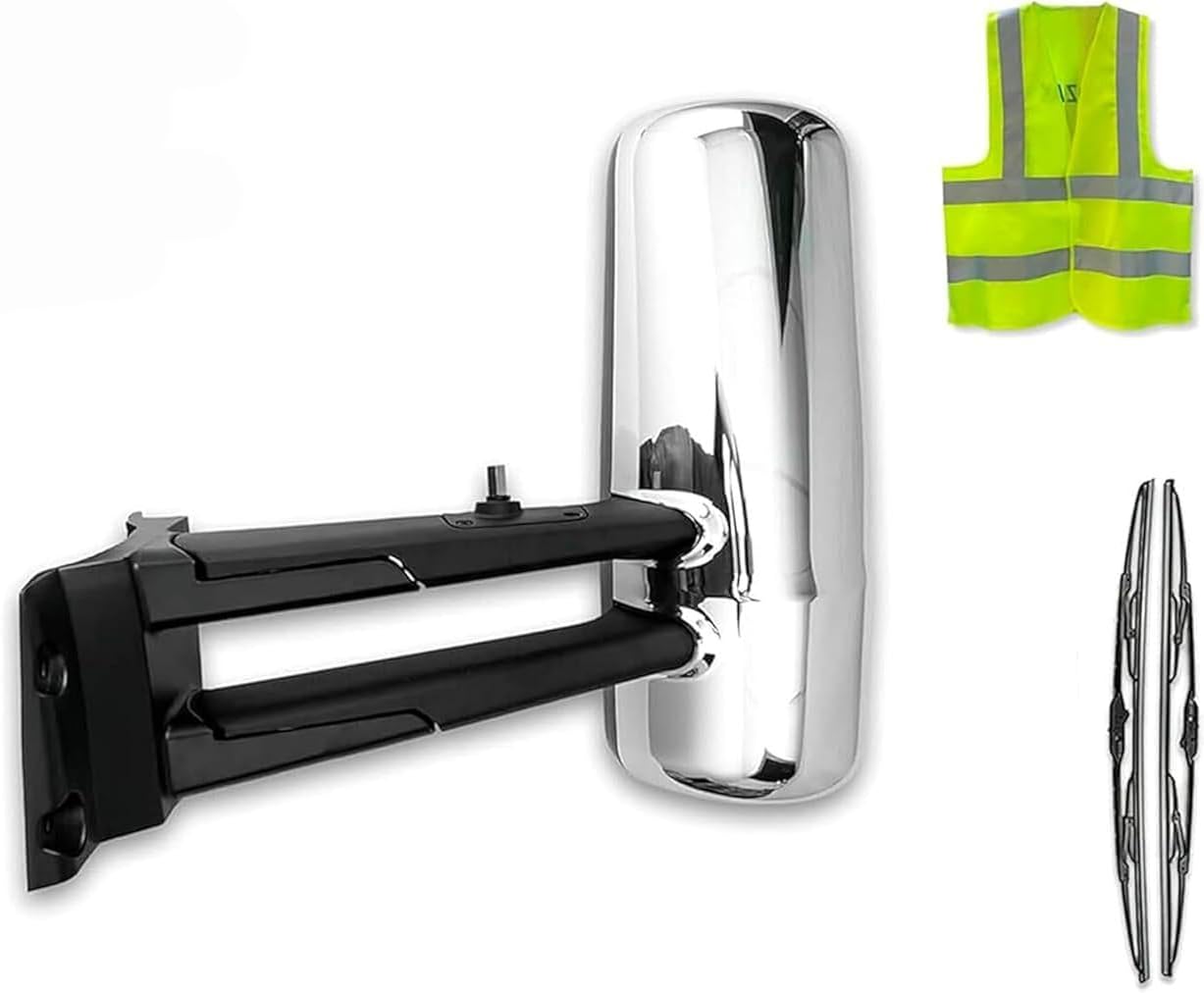 KOZAK Chrome Finish Door Mirror With Arms (Left Driver Side) Compatible with Kenworth T680 2022+ New Gen PLUS Logo, 2x22" Windshield wipers and Vest