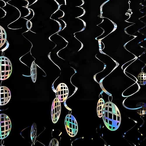 Image of Disco Hanging Swirl Set Party Decorations, 48 Pcs, Disco Ball Party Supplies Sign,Silver