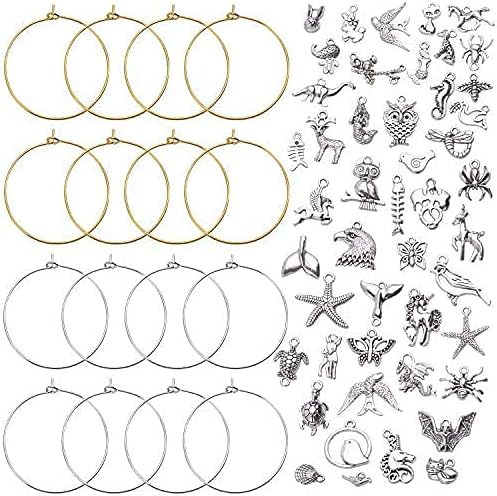 100pcs Golden/Silver Wine Glass Charm Rings Wire Hoops Earring Beading Hoop and 100pcs Animal Charms Pendants for DIY Craft Making Party Favors