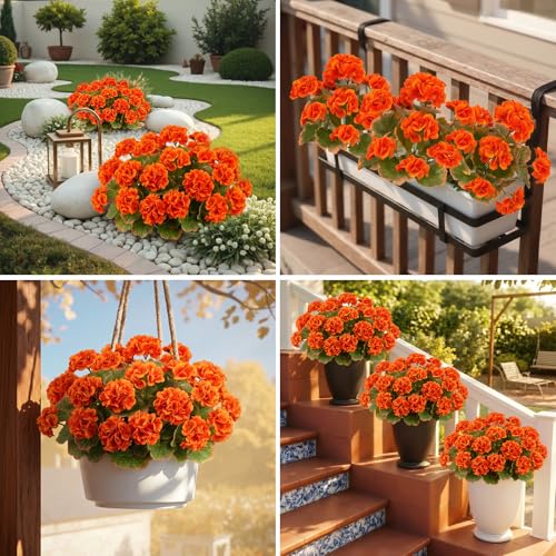 Image of Bassion Fake Geraniums Artificial Fall Flowers for Outdoors Decor, 6 Pcs