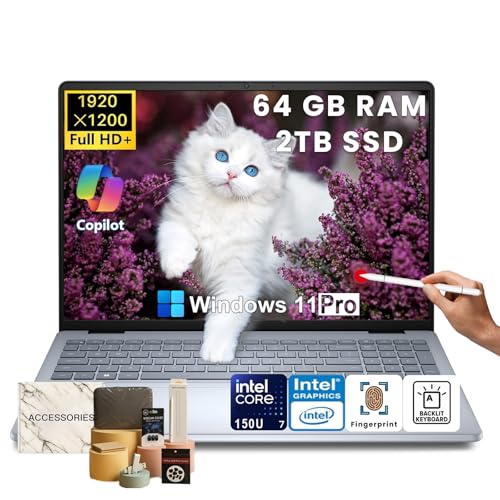 Dell 16-Inch Touchscreen Laptop Computer – Intel 10-Core 7 150U, 64GB DDR5 RAM, 2TB SSD, 16" FHD+ Anti-Glare, Ai Copilot, Fingerprint, Backlit KB, Win 11 Pro, for Business & Student, w/Accessories