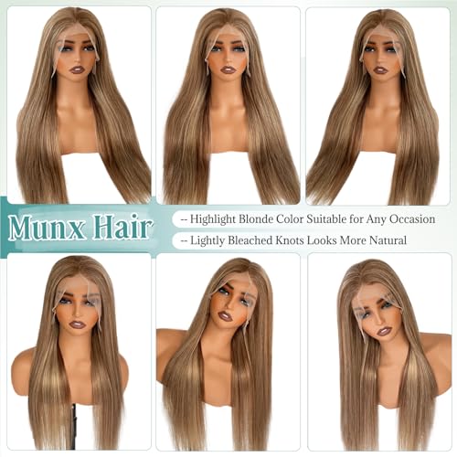 Image of Munx Ombre Highlight 13x6 Lace Front Wigs Human Hair HD Transparent Straight Lace Front Wigs Pre Plucked 180% Density Glueless Colored Honey Blonde Human Hair Wig for Women 24 Inch
