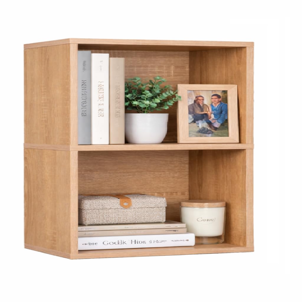 2 Cube Shelf, 3 Tier Bookshelf Small Bookcase, 2 Cube Storage Organizer, Wooden Book Shelf for Bedroom, Small Bookshelf for Living Room and Office (Natural, 2 Tier)
