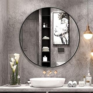 CASART 60/70cm Round Mirror, Wall-Mounted Large Circle Mirror, Metal Frame Makeup Dressing Mirror for Bathroom Living Room Bedroom and Hallway (Black, 70cm in Dia.)