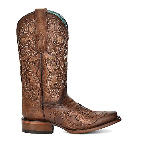 Corral Ladies Ld Brown Horseshoe Overlay & Embroidery & Crystals Sq. Toe, Square Toe, Leather Sole, 11" Shaft, Cowhide Leather, Western Boot, Brown Z5136 Size 6.54