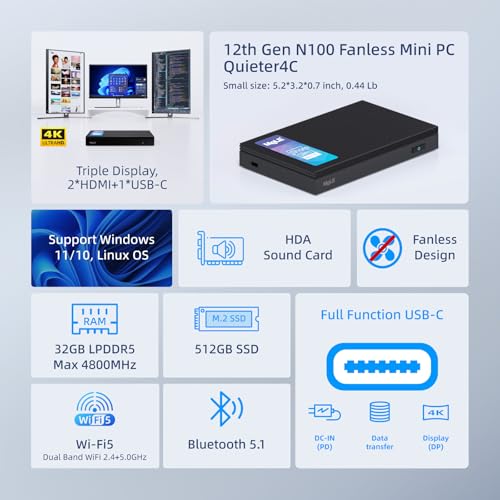 Image of MeLE Quieter4C Fanless Mini PC 32GB RAM LPDDR5 512GB(NO OS) Compatible with Win 11, Linux, Ubuntu, Debian, 4K Triple Display,Dual HDMI & USB-C,Small PC on DIY Projects, Home Lab, Linux, Media Center