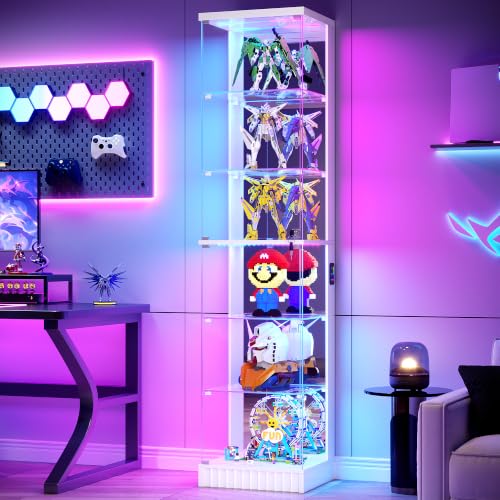 HNEBC 6-Tier Glass Display Cabinet with RGB Lights for Collectibles (White)