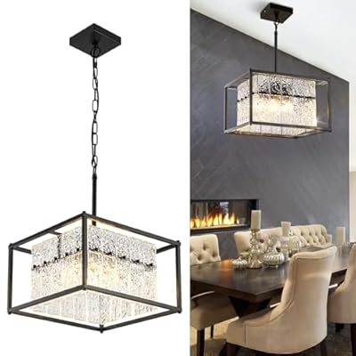 JSDORSY Modern Black Crystal Pendant Light for Kitchen Island, 4-Light Water Ripple Glass Chandelier, Adjustable Height Dimmable Hanging Fixture for Dining Room Bedroom Hallway Entryway