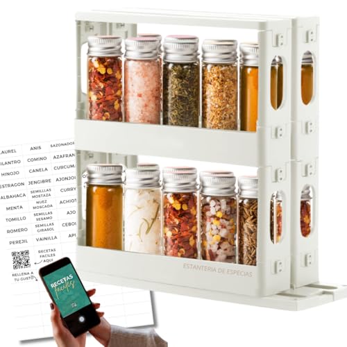 UTIILY Organizador especias - Especieros para cocina. Especiero giratorio, extraible y robusto. Ideal como organizador de especias cocina para armario. Incluye QR con recetas faciles y etiquetas