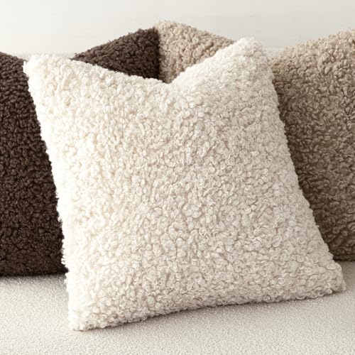 Image of Foindtower 2 Pieces 26x26 Inch Cream Beige, Faux Fur Throw Pillow Cover Accent Sherpa Furry Pillow Covers Fuzzy Soft Pillowcases Cozy Sheepskin Decorative Fleece Cushion Case for Bed Couch Living Room