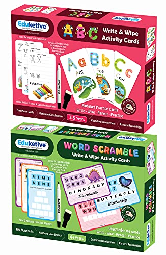 Image of (Combo of 2) ABC Letters + Word Scramble Write & Wipe Reusable Activities Educational Games with Exercise Book
