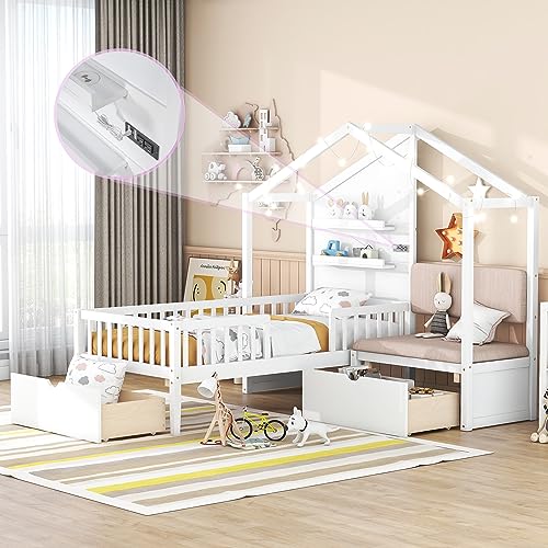 Harper & Bright Designs Kids Twin House Bed Frame with Upholstered Sofa, 2 Drawers and Charging Station, Wood Montessori Bed with LED Light and Shelves, L Shaped Storage Bed for Kids,Boys,Girls,White