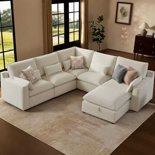 Image of WorthFurni Modern Modular Sectional Sofa,105 inch V Shape Sectional Cloud Couch with Storage Ottoman,Comfty 6 Seat Sofa for Living Room,Beige Chenille
