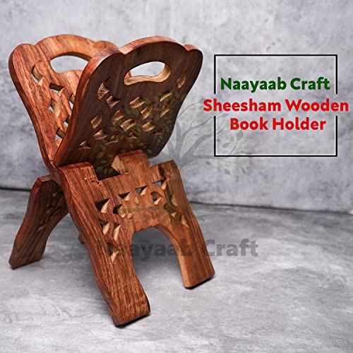 Image of Naayaab Craft Handmade & Handcraft Sheesham Wooden Book Holder Display Stand | Folding Religious Prayer Free Reading Stand with Intricate Carvings| Rehal for Religious Holy Books - Size 13 inch