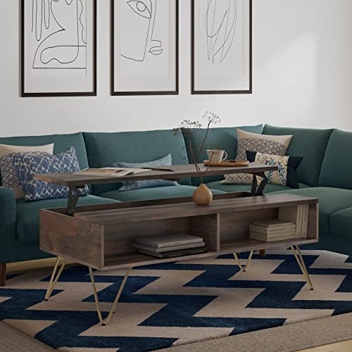 Image of SIMPLIHOME Hunter SOLID MANGO WOOD and Metal 48 inch Wide Rectangle Industrial Lift Top Coffee Table in Ebony for the Living Room and Family Room