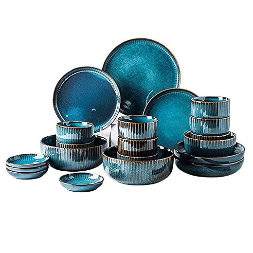 Desconocido Regalo de Moda Juego de vajilla de cerámica 30 Piezas Juego de Cena de Esmalte cambiante de Horno Retro - Juego de Platos y tazones de Rayas Azules y Verdes para Fiesta Familiar