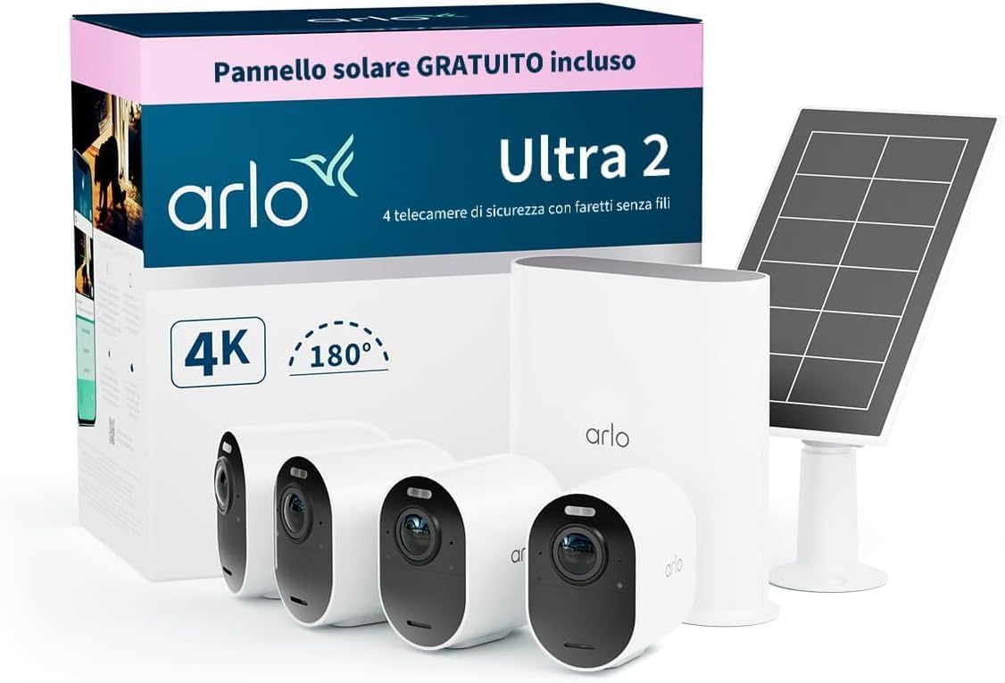 Arlo Ultra 2 telecamere WiFi 4K, pannello solare, 4 pezzi