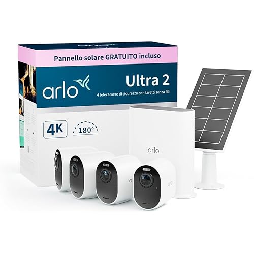Arlo Ultra 2 Telecamera WiFi Esterno Senza Fili + Pannello Solare, Telecamera WiFi Interno, 4K UHD, Sensore Di Movimento, Audio Bidirezionale, Prova Arlo Secure Inclusa, 4 Telecamere, Bianche