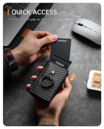 YESIIW Mens Wallet with Airtag Holder, RFID Blocking Wallet Cedit Card Holder, Smart Pop Up Wallet Compatible with Apple AirTag, Leather Trifold Wallet with ID Window, Cash Slot (Thick Stripe Black)4