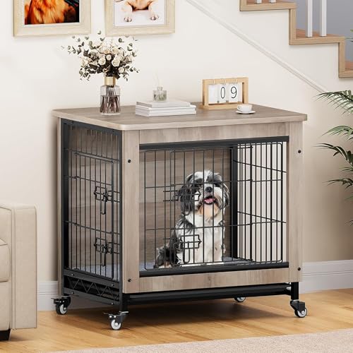 YITAHOME Dog Crate Furniture with Cushion, Kennel with Wheels, End Table with Tray, 27" Cage with Double Doors for Small Dog (Gray)