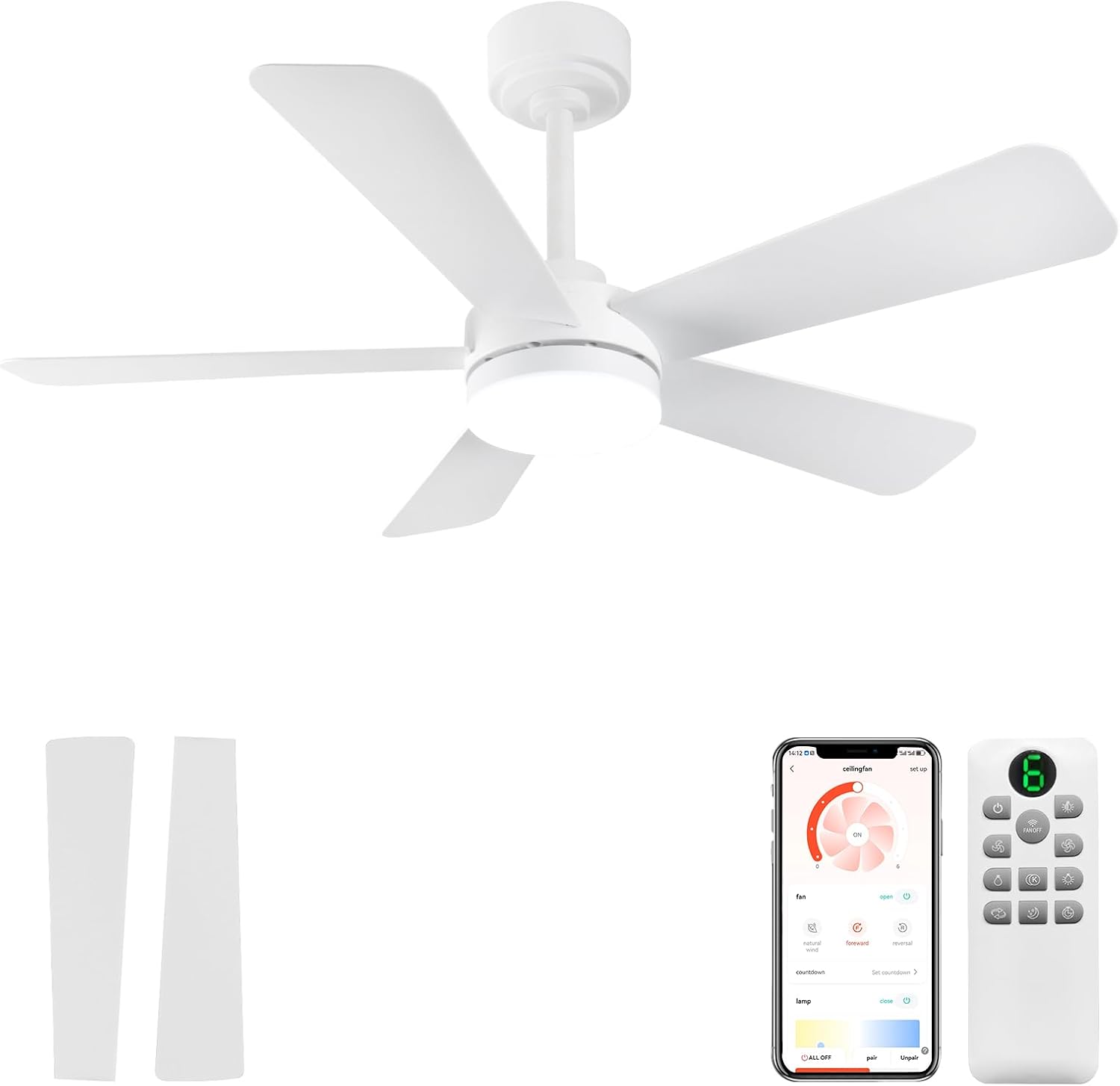 GESUM 40 Inch Ceiling Fans with Lights, Outdoor Ceiling Fan with APP and Remote Control, Reversible, 6 Speeds, 3CCT Dimmable, White Ceiling Fan with Light for Living Room Bedroom (White)