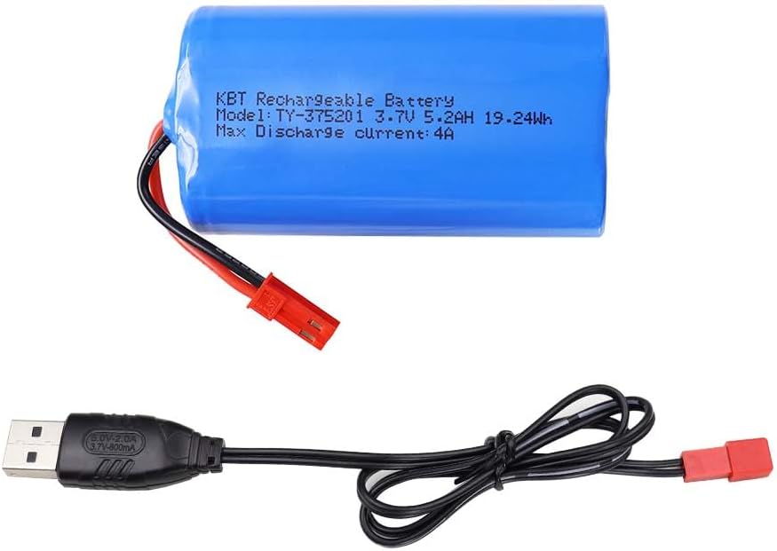 KBT 3.7 Volt 5200mAh Li-ion Rechargeable Battery Pack for RC Car, JST-2Pin Plug 3.7 Volt Lithium-ion Battery with RC Battery Charger for RC Truck, RC Boat, RC Stunt Car