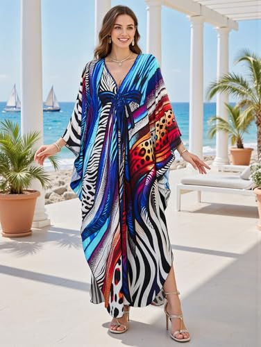 Image of IMAGEKOPE Women's Plus Size Animal Print V-Neck Batwing Kaftan Beach Dress Bathing Suit Cover-Up Loungewear