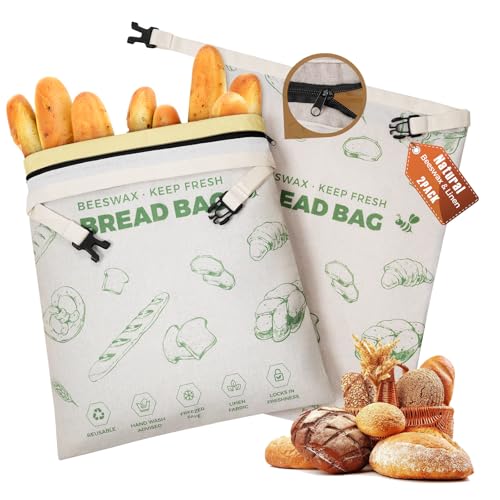 YARRAMATE Beeswax Bread Bags, 2 Pack Linen Sourdough Bread Bags