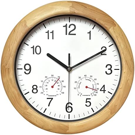Reynoe Wooden Wall Clock with Temperature and Humidity, 12 Inch Brown, Large Numbers for Room Decor