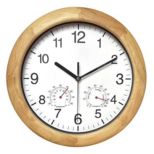Reynoe Wooden Wall Clock With Temperature And Humidity, 12 Inch Brown, Large Numbers For Room Decor #TOP7