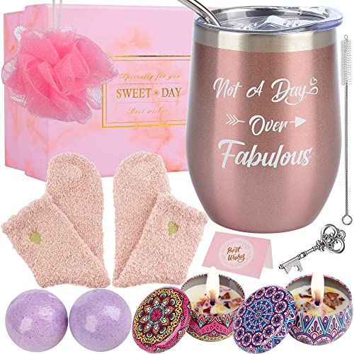 Birthday Gifts for Her, Wine Gifts for Women, 10 Luxurious Gifts, Insulated Wine Tumbler and Candles Gift Set for Women Mom Sister Friends Female, Christmas Funny Wine Tumblers for Women (Rose Gold)