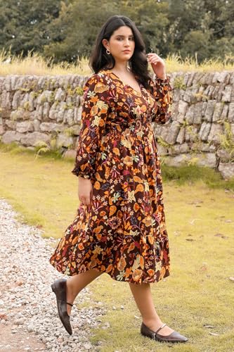 CARCOS Women's Plus Size Boho Floral Fall Dress Long Sleeve V Neck Wedding Guest Cocktail Party Flowy Midi Dress XL-5XL3