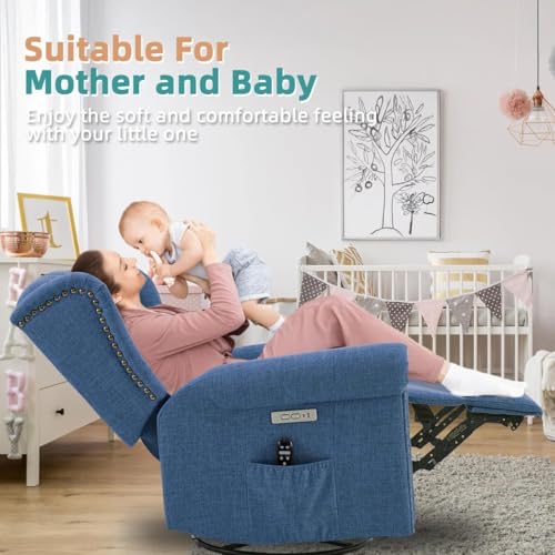 Image of Power Swivel Rocking Recliner Chair with Electric Rocker Nursery Reclining Chair, Wingback Tufted Upholstered for Living Room, USB Ports Color Navy Blue